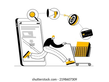 A user with a cart exits the phone along a trajectory with various icons. Vector illustration on the theme of the client's journey.