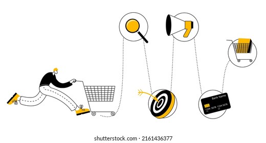 A user with a cart runs along a trajectory with various icons. Vector illustration on the theme of the customer journey.