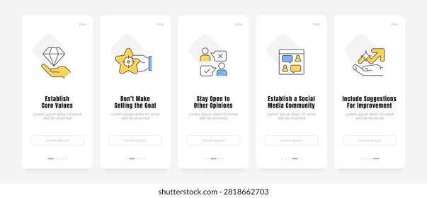 User centric growth mindset strategies onboarding screens. Modern business flow. Strategic consumer engagement. UX UI walkthrough 5 steps. Flat design with icons. Modern mobile app introduction flow