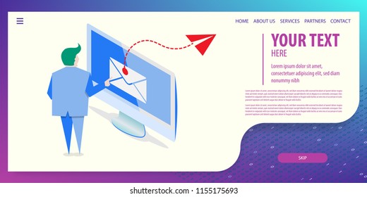 User character man send mail in computer. Airplane icon technology. Data connection isometric technology. Digital vector illustration. Site page template.