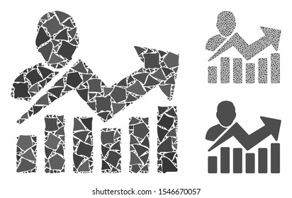 User chart composition of humpy parts in variable sizes and color tones, based on user chart icon. Vector bumpy parts are grouped into composition. User chart icons collage with dotted pattern.