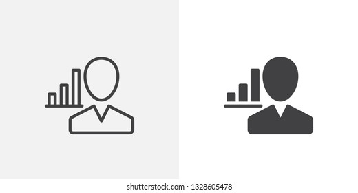 User and chart icon. line and glyph version, outline and filled vector sign. Presentation person linear and full pictogram. Symbol, logo illustration. Different style icons set