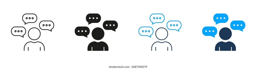 User Chat Dialog Line And Solid Icon Set. Person With Speech Bubbles Symbol Collection For Communication, Messaging Interfaces, Online Conversation Tools. Isolated Vector Illustration.