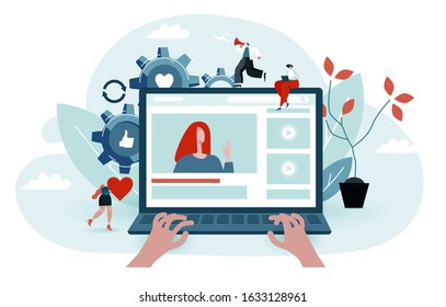 User is chatting. Man is typing text on a laptop. Comfortable workplace for freelancers. Blue and orange colored vector illustration EPS 10