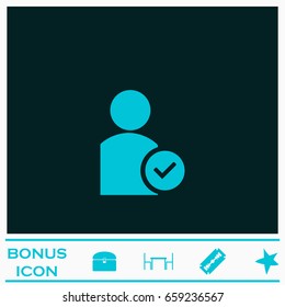 User check icon flat. Blue pictogram on dark background. Vector illustration symbol and bonus icons