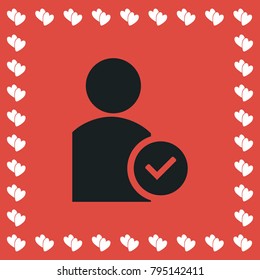 User check icon flat. Simple black pictogram on red background with white hearts for valentines day. Vector illustration symbol