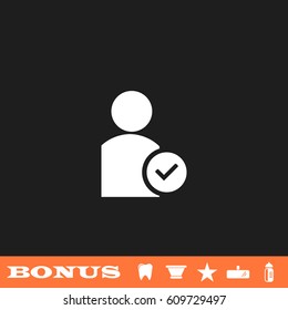 User check icon flat. White pictogram on black background. Vector illustration symbol and bonus button tooth, vase, star, mirror, bottle