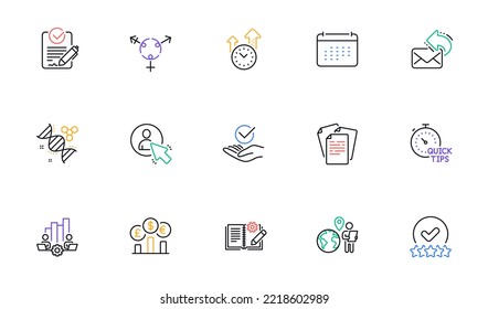 User, Chemistry dna and Time management line icons for website, printing. Collection of Calendar, Rating stars, Currency rate icons. Teamwork chart, Quick tips, Share mail web elements. Vector