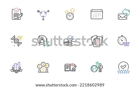 User, Chemistry dna and Time management line icons for website, printing. Collection of Calendar, Rating stars, Currency rate icons. Teamwork chart, Quick tips, Share mail web elements. Vector