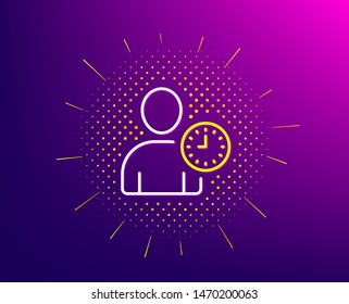 User with Clock line icon. Halftone pattern. Profile Avatar with Time sign. Person silhouette symbol. Gradient background. Time management line icon. Yellow halftone pattern. Vector