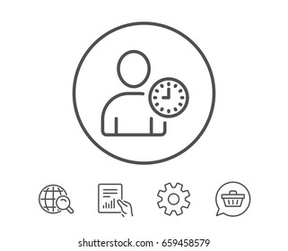 User with Clock line icon. Profile Avatar with Time sign. Person silhouette symbol. Hold Report, Service and Global search line signs. Shopping cart icon. Editable stroke. Vector