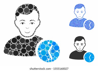 User clock mosaic of round dots in different sizes and color tinges, based on user clock icon. Vector dots are organized into blue collage. Dotted user clock icon in usual and blue versions.