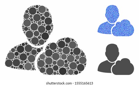 User cloud composition of small circles in various sizes and color tinges, based on user cloud icon. Vector small circles are composed into blue collage.