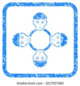 User Collaboration Network rubber seal watermark. Icon vector symbol with unclean design and dirty texture inside rounded squared frame. Scratched blue sign. Male face has enjoy sentiment.