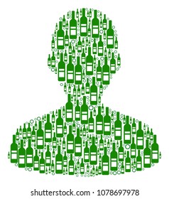 User collage of alcohol bottles and circles in various sizes and green colors. Vector objects are grouped into user mosaic. Wine vector illustration.