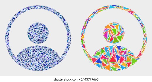 User collage icon of triangle items which have different sizes and shapes and colors. Geometric abstract vector design concept of user.