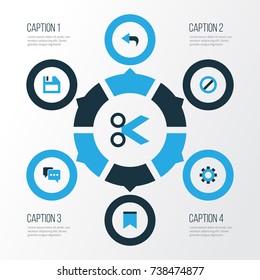 User Colorful Icons Set. Collection Of Note, Options, Pennant And Other Elements. Also Includes Symbols Such As Disk, Cutter, Mark.