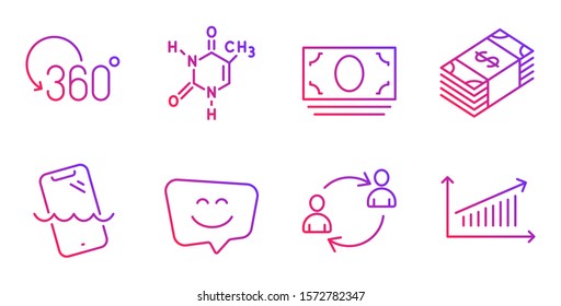 User communication, Cash money and Chemical formula line icons set. Usd currency, Smartphone waterproof and Smile face signs. Full rotation, Chart symbols. Human resources, Banking currency. Vector
