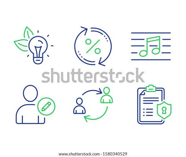 User\
communication, Edit user and Musical note line icons set. Eco\
energy, Loan percent and Privacy policy signs. Human resources,\
Profile data, Music. Lightbulb. Business set.\
Vector