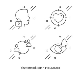 User communication, Heart target and Unlock system line icons set. Eye drops sign. Human resources, Love aim, Access granted. Check vision. People set. Line user communication outline icon. Vector