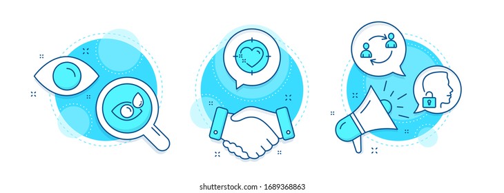 Conjunto de iconos de línea del sistema de comunicación del usuario, Destino del corazón y Desbloquear. Iconos complejos de trato de manos, investigación y promoción. El signo de las gotas oculares. Recursos humanos, Objetivo de amor, Acceso concedido. Compruebe la visión. Vector