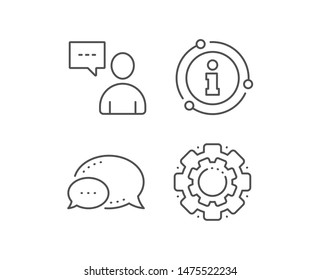 User communication line icon. Chat bubble, info sign elements. Person with chat speech bubble sign. Human silhouette symbol. Linear users chat outline icon. Information bubble. Vector