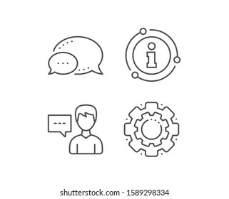 User communication line icon. Chat bubble, info sign elements. Male Person with chat speech bubble sign. Human silhouette symbol. Linear person talk outline icon. Information bubble. Vector