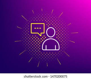 User communication line icon. Halftone pattern. Person with chat speech bubble sign. Human silhouette symbol. Gradient background. Users chat line icon. Yellow halftone pattern. Vector