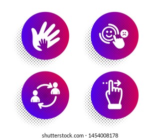 User communication, Social responsibility and Customer satisfaction icons simple set. Halftone dots button. Touchscreen gesture sign. Human resources, Hand, Happy smile. Slide right. Vector