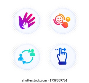 Benutzerkommunikation, soziale Verantwortung und Kundenzufriedenheit Symbole einfach gesetzt. Button mit halben Punkten. Touchscreen Gesture-Zeichen. Humanressourcen, Hand, glückliches Lächeln. Schieben Sie rechts. Vector