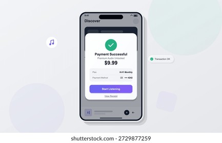 Un usuario completa un pago por un servicio de audio premium en un dispositivo móvil. La operación confirma el Plan y el método de pago en una simple pantalla digital.