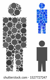 User composition of small circles in different sizes and shades, based on user icon. Vector small circles are organized into blue composition. Dotted user icon in usual and blue versions.