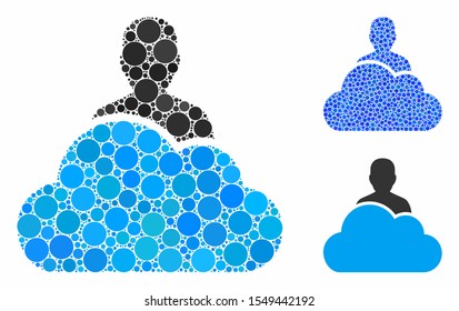 User composition of small circles in variable sizes and color hues, based on user icon. Vector small circles are grouped into blue mosaic. Dotted user icon in usual and blue versions.