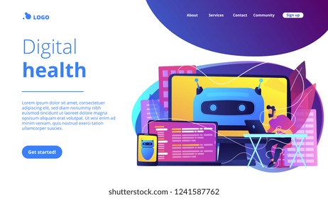 User with computer, laptop and tablet screens with chatbot and digital habits. Digital wellbeing, digital health, device stress managing concept. Website vibrant violet landing web page template.