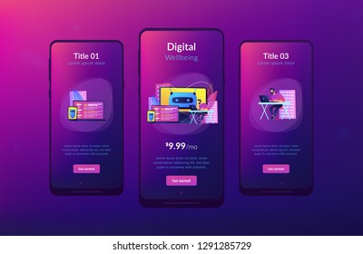 Usuario con pantallas de ordenador, laptop y tablet con chatbot y hábitos digitales. Bienestar digital, salud digital, concepto de manejo del estrés por dispositivos. Plantilla de interfaz de usuario de usuario de Mobile UX GUI, wireframe de interfaz de aplicación
