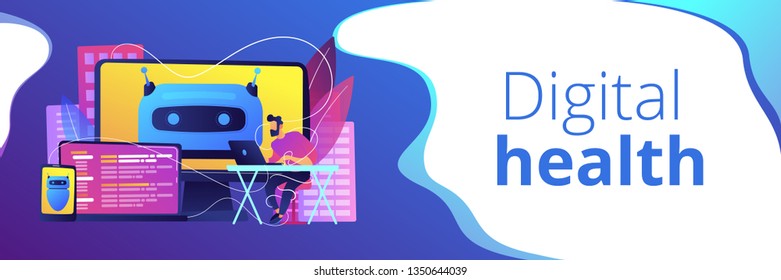 Usuario con pantallas de ordenador, laptop y tablet con chatbot y hábitos digitales. Bienestar digital, salud digital, concepto de manejo del estrés por dispositivos. Plantilla de banner de encabezado o pie de página con espacio de copia.