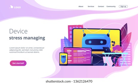 User with computer, laptop and tablet screens with chatbot and digital habits. Digital wellbeing, digital health, device stress managing concept. Website vibrant violet landing web page template.