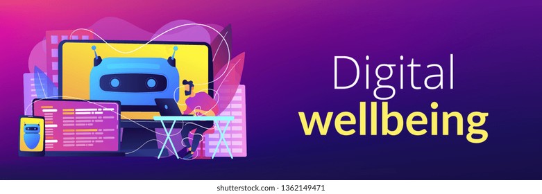 User with computer, laptop and tablet screens with chatbot and digital habits. Digital wellbeing, digital health, device stress managing concept. Header or footer banner template with copy space.