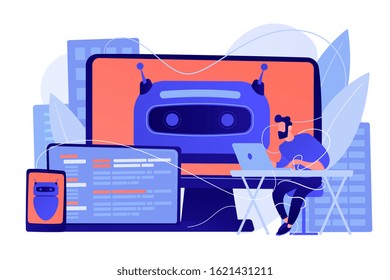 User with computer, laptop and tablet screens with chatbot and digital habits. Digital wellbeing, digital health, device stress managing concept. Pinkish coral bluevector isolated illustration