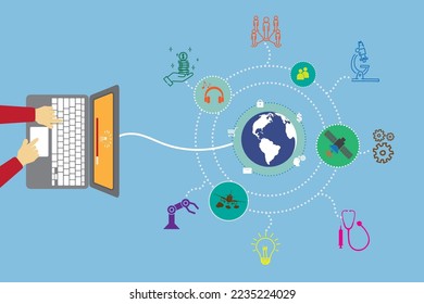 User connecting to the internet using a laptop and exchanging data online. Computer and earth in the illustrative background in the lead role explaining the concept of Digital Marketing.