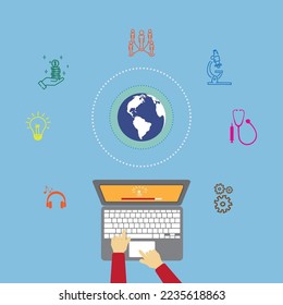 User connecting to the internet using a laptop and exchanging data online. Computer and earth in the illustrative background in the lead role explaining the concept of Digital Marketing.