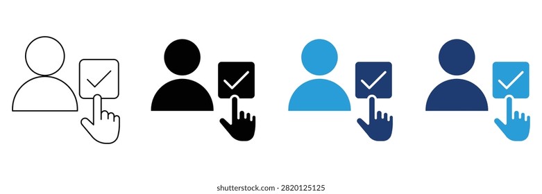 User consent icon set representing privacy agreement, terms approval, digital checkmark, cybersecurity validation, hand touching checkbox option, compliance confirmation, account registration symbol.