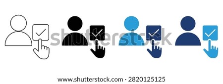 User consent icon set representing privacy agreement, terms approval, digital checkmark, cybersecurity validation, hand touching checkbox option, compliance confirmation, account registration symbol.