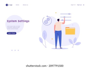 User controlling system configuration and settings. Data restore concept. System administrator manage file settings. Vector illustration for web design, landing page, banners