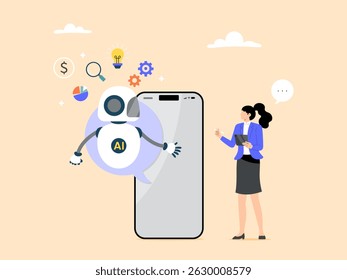 Conversación del usuario con el asistente de la IA, concepto de comunicación del chatbot
