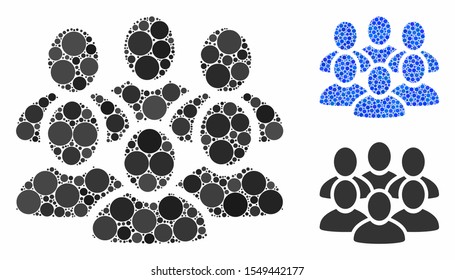 User crowd composition of round dots in variable sizes and color tones, based on user crowd icon. Vector round elements are composed into blue mosaic.