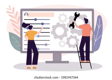User customize settings on monitor. Computer screen with users personal page. User interface customization, programming. Concept of creating, setting personal pages and repairing. Vector illustration 