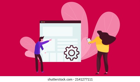 User customize settings on monitor. Computer screen with users personal page. User interface customization, programming. Concept of creating, setting personal pages and repairing. Vector illustration