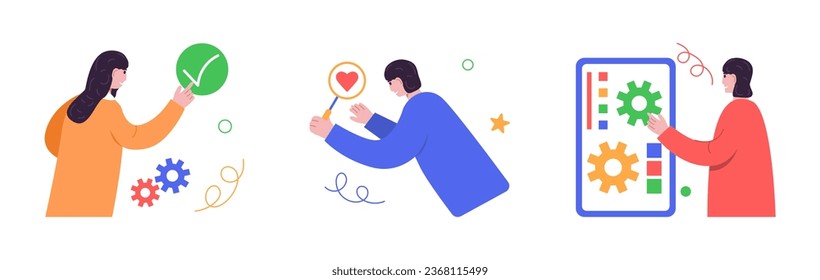 User customize settings scene set. User interface customization, programming. Woman with smartphone enters personal data in application. Vector illustration