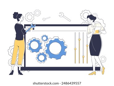 User customize settings. Women near laptop screen with gears. User experience, UI and UX design. Responsive webpage or website design. Linear vector illustration isolated on white background